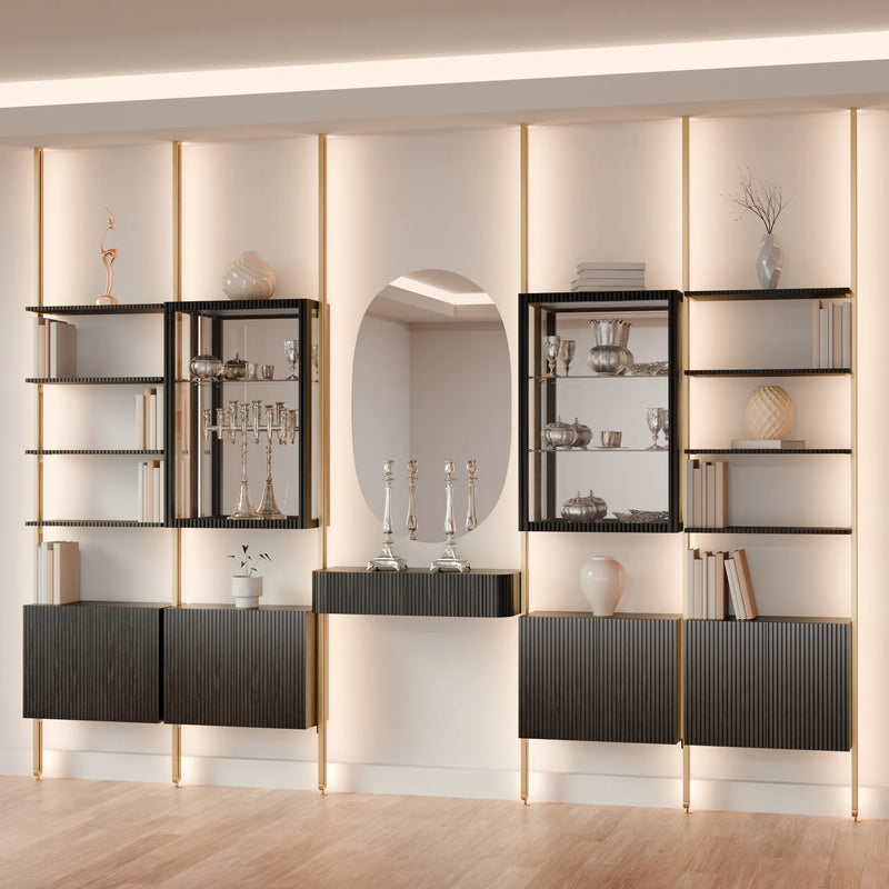 MODTRIM CHINA CLOSET AND BOOKCASE SET WITH FLOATING BUFFET & 4 CABINETS. 138-147"
