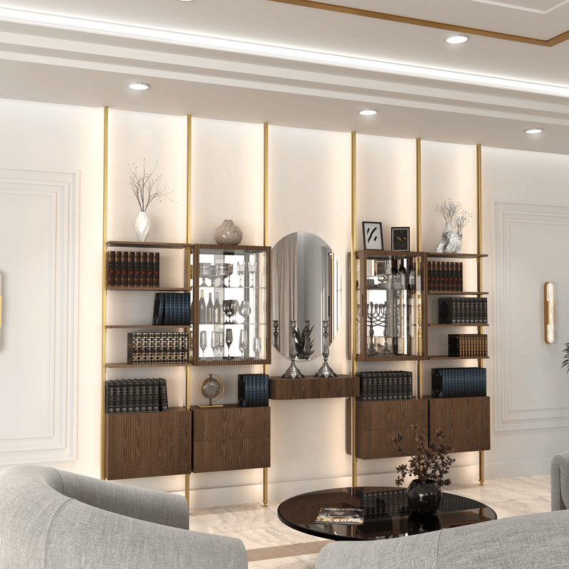 MODTRIM CHINA CLOSET AND BOOKCASE SET WITH FLOATING BUFFET & 4 DRAWERS