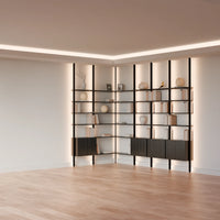 MODTRIM ONE+THREE SECTION corner Modular Bookcase with Wood Shelves + Cabinets.