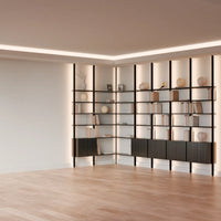 MODTRIM ONE+FOUR SECTION corner Modular Bookcase with Wood Shelves + Cabinets.