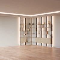 MODTRIM ONE+THREE SECTION corner Modular Bookcase with Wood Shelves + Cabinets.