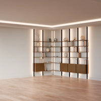 MODTRIM ONE+THREE SECTION corner Modular Bookcase with Wood Shelves + Cabinets.