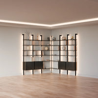 MODTRIM TWO+TWO SECTION corner Modular Bookcase with Wood Shelves + Cabinets.