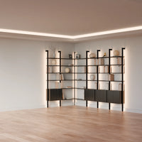 MODTRIM ONE+THREE SECTION corner Modular Bookcase with Wood Shelves + Cabinets.