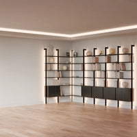 MODTRIM ONE+FOUR SECTION corner Modular Bookcase with Wood Shelves + Cabinets.