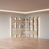MODTRIM TWO+TWO SECTION corner Modular Bookcase with Wood Shelves + Cabinets.