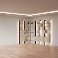 MODTRIM ONE+THREE SECTION corner Modular Bookcase with Wood Shelves + Cabinets.