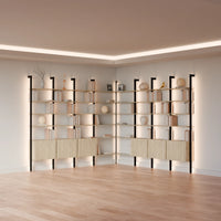 MODTRIM THREE+THREE SECTION corner Modular Bookcase with Wood Shelves + Cabinets. (Copy)