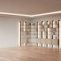 MODTRIM ONE+FOUR SECTION corner Modular Bookcase with Wood Shelves + Cabinets.