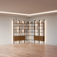 MODTRIM TWO+TWO SECTION corner Modular Bookcase with Wood Shelves + Cabinets.
