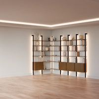 MODTRIM ONE+THREE SECTION corner Modular Bookcase with Wood Shelves + Cabinets.