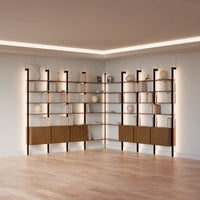 MODTRIM THREE+THREE SECTION corner Modular Bookcase with Wood Shelves + Cabinets. (Copy)