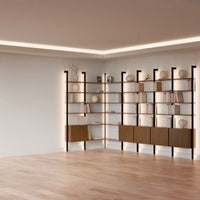 MODTRIM ONE+FOUR SECTION corner Modular Bookcase with Wood Shelves + Cabinets.