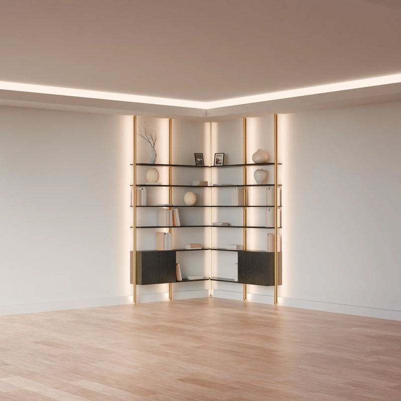 MODTRIM ONE+ONE SECTION corner Modular Bookcase with Wood Shelves + Cabinet