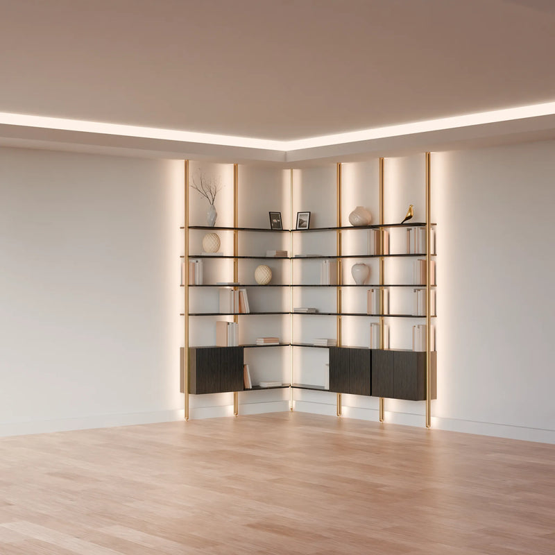 MODTRIM ONE+TWO SECTION corner Modular Bookcase with Wood Shelves + Cabinet (Copy)