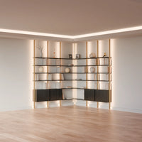 MODTRIM TWO+TWO SECTION corner Modular Bookcase with Wood Shelves + Cabinets.