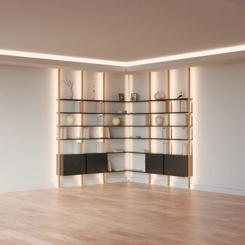 MODTRIM TWO+TWO SECTION corner Modular Bookcase with Wood Shelves + Cabinets.