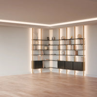 MODTRIM ONE+THREE SECTION corner Modular Bookcase with Wood Shelves + Cabinets.