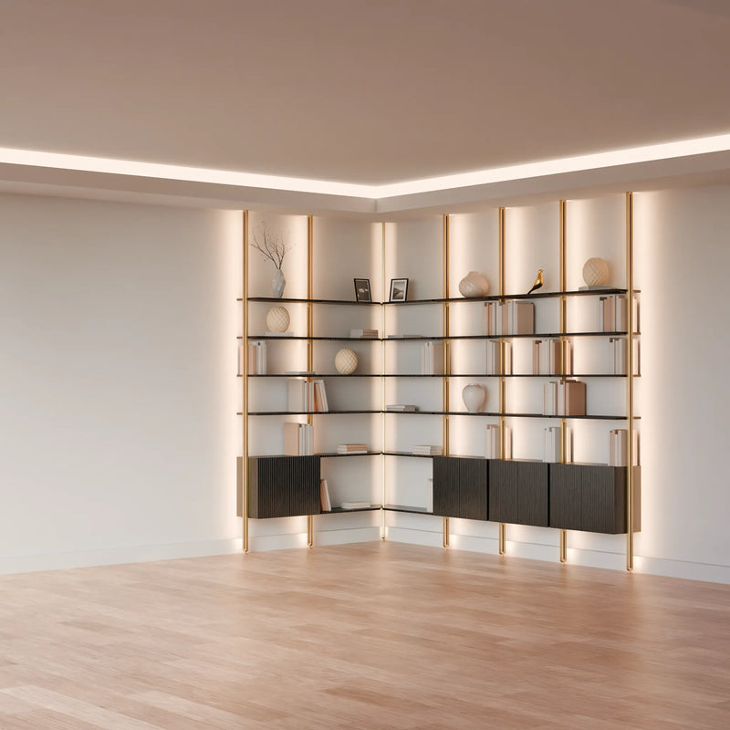 MODTRIM ONE+THREE SECTION corner Modular Bookcase with Wood Shelves + Cabinets.