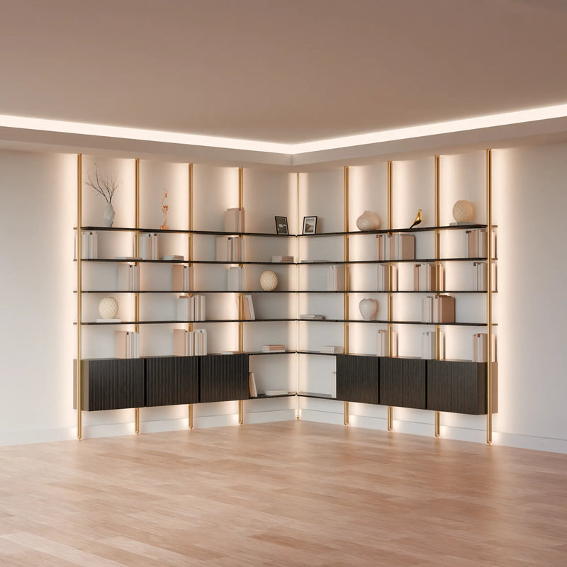MODTRIM THREE+THREE SECTION corner Modular Bookcase with Wood Shelves + Cabinets. (Copy)
