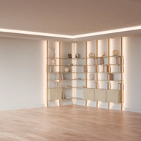 MODTRIM ONE+THREE SECTION corner Modular Bookcase with Wood Shelves + Cabinets.