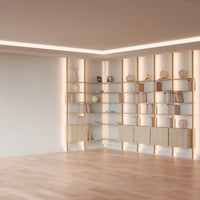MODTRIM ONE+FOUR SECTION corner Modular Bookcase with Wood Shelves + Cabinets.