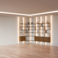 MODTRIM ONE+THREE SECTION corner Modular Bookcase with Wood Shelves + Cabinets.