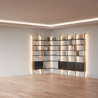 MODTRIM ONE+THREE SECTION corner Modular Bookcase with Wood Shelves + Cabinets.