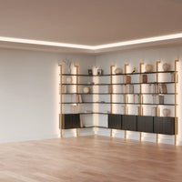 MODTRIM ONE+FOUR SECTION corner Modular Bookcase with Wood Shelves + Cabinets.