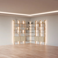 MODTRIM TWO+TWO SECTION corner Modular Bookcase with Wood Shelves + Cabinets.