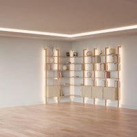 MODTRIM ONE+THREE SECTION corner Modular Bookcase with Wood Shelves + Cabinets.