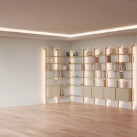 MODTRIM ONE+FOUR SECTION corner Modular Bookcase with Wood Shelves + Cabinets.