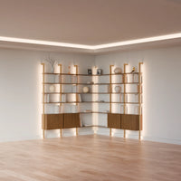 MODTRIM TWO+TWO SECTION corner Modular Bookcase with Wood Shelves + Cabinets.
