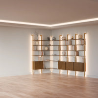 MODTRIM ONE+THREE SECTION corner Modular Bookcase with Wood Shelves + Cabinets.