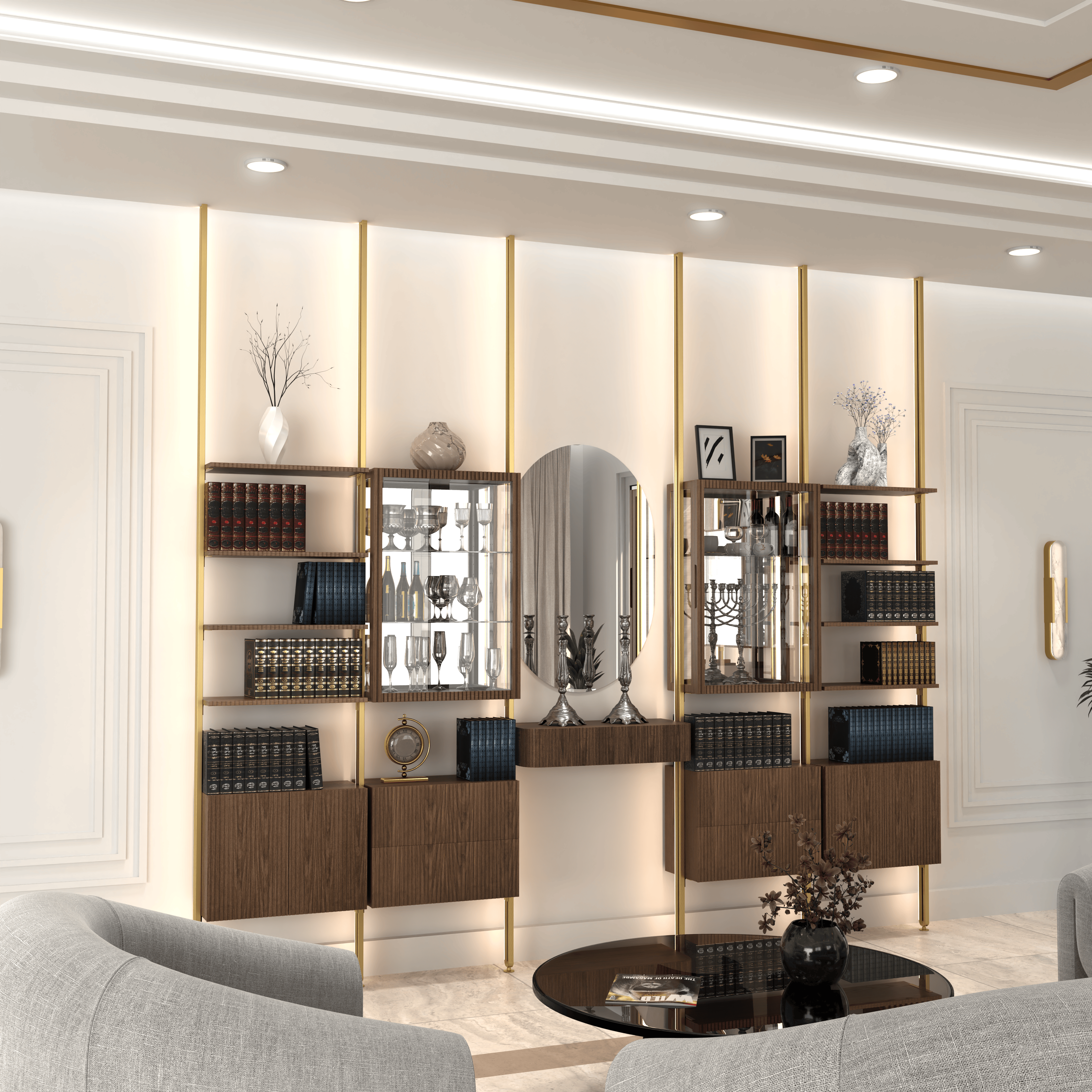 MODTRIM CHINA CLOSET AND BOOKCASE SET WITH FLOATING BUFFET & 4 DRAWERS
