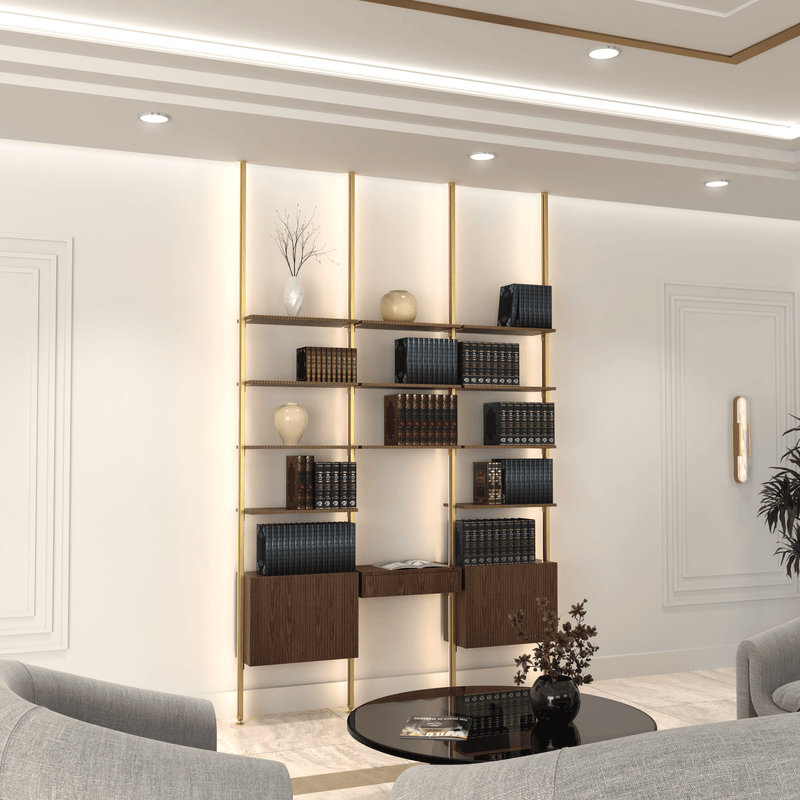 MODTRIM THREE-UNIT Modular Bookcase with Wood Shelves + Cabinets + Floating desk