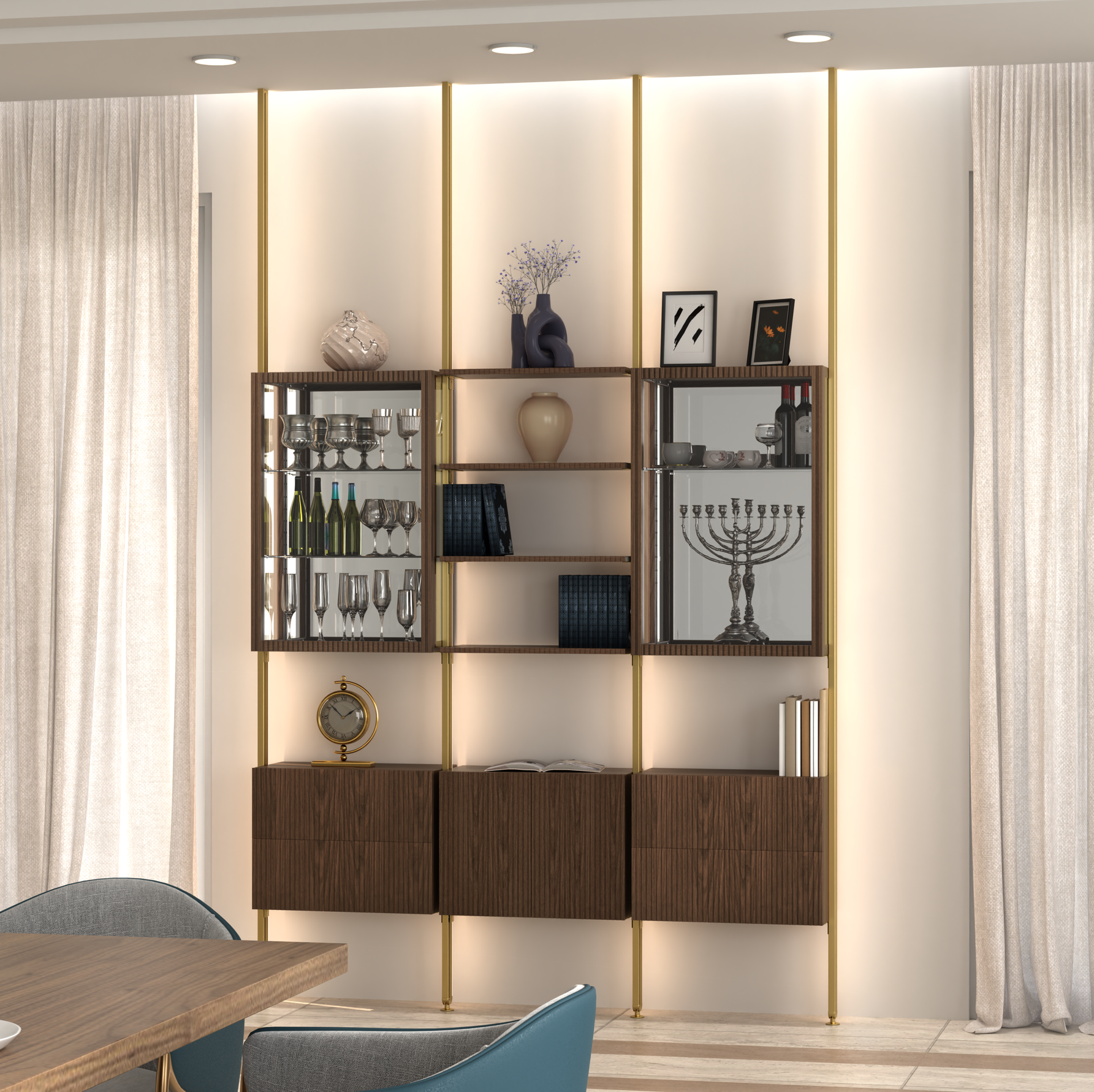 MODTRIM CHINA CLOSET AND BOOKCASE SET WITH CABINETS & DRAWERS