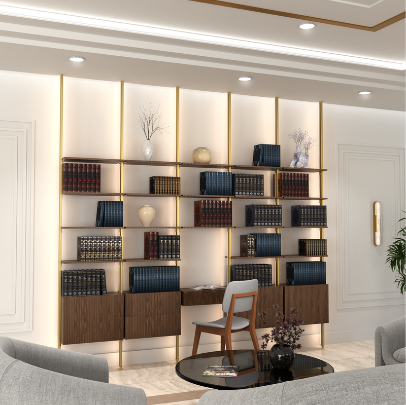 MODTRIM FIVE-UNIT Modular Bookcase with Wood Shelves + Cabinets + Floating desk