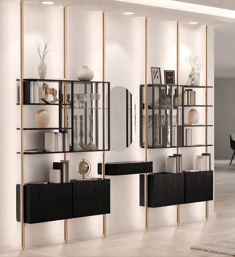 MODTRIM CHINA CLOSET AND BOOKCASE SET WITH FLOATING BUFFET WITH CABINETS & DRAWERS